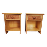 Pair of vintage bedside tables in wood and rattan.