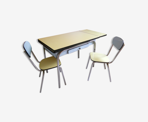 Ensemble table et chaises formica jaune et bleu vintage | Selency
