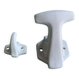 Two white porcelain coat hooks, one small and one larger, old