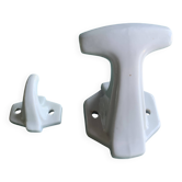 Two white porcelain coat hooks, one small and one larger, old