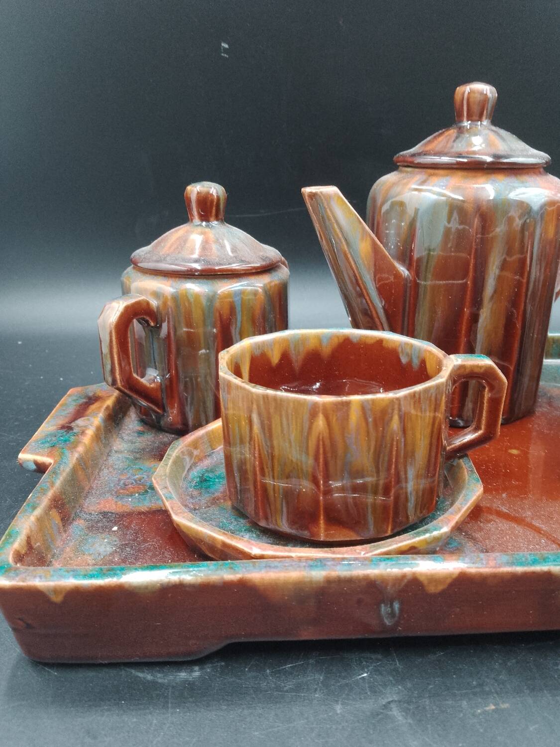 Tête-à-tête coffee service in Puisaye stoneware signed Louis Cagnat, Art Deco