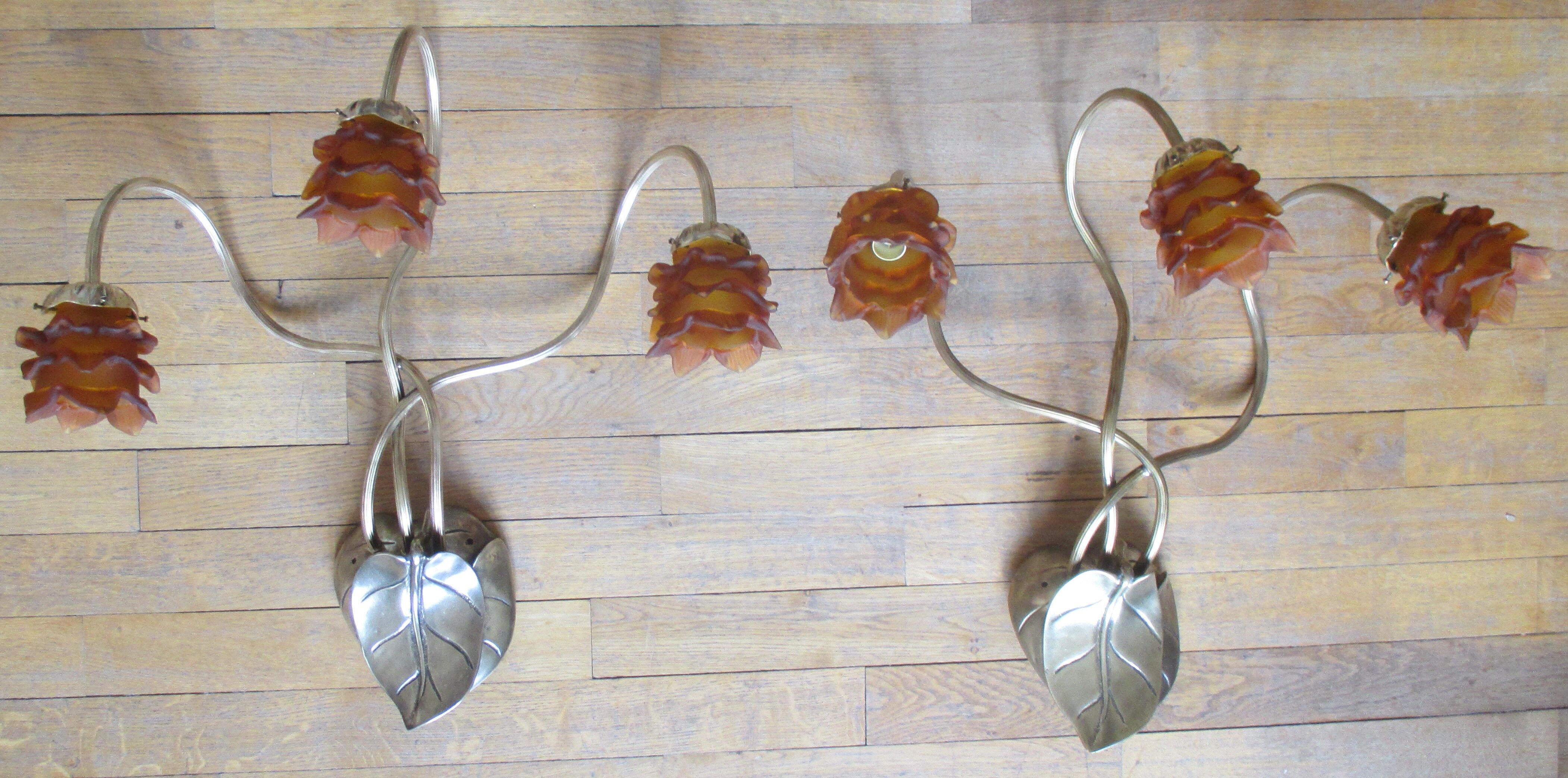 2 brass appliques leaves flowers tulip glass paste