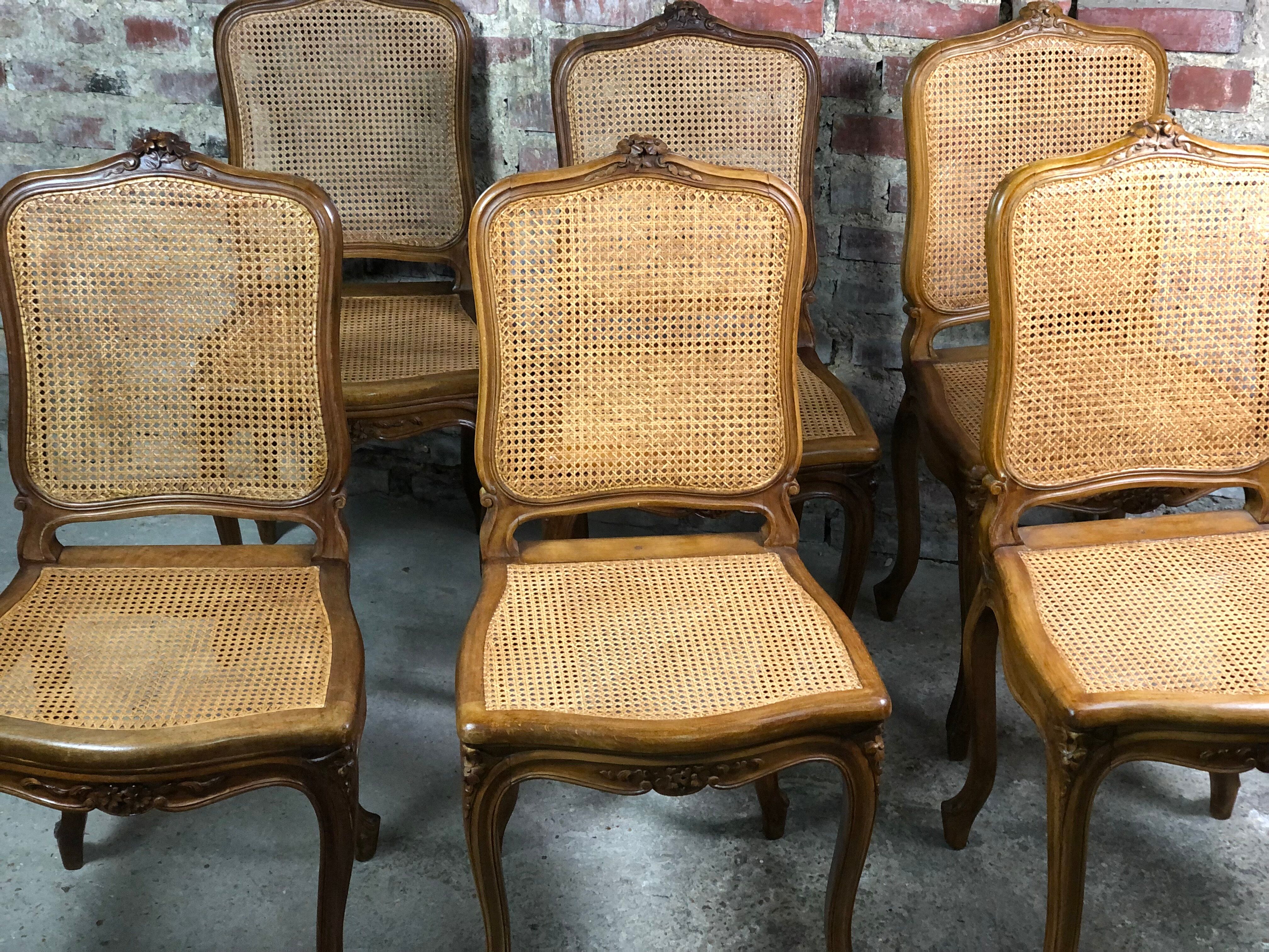 Chairs (lot of 6) Louis XV style in solid walnut caned 1940