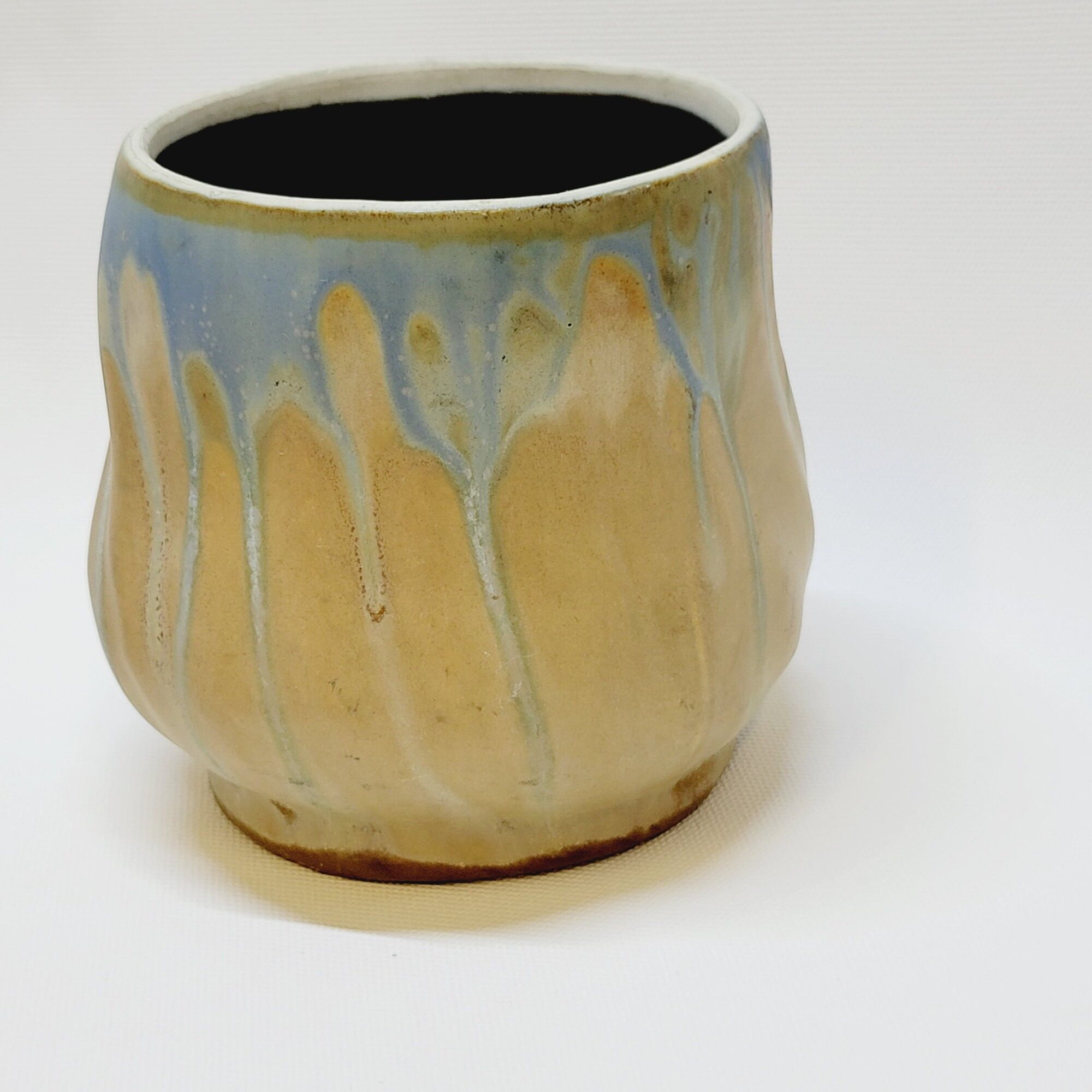 Gilbert Metenier Covered pot in beige and blue art nouveau flamed stoneware