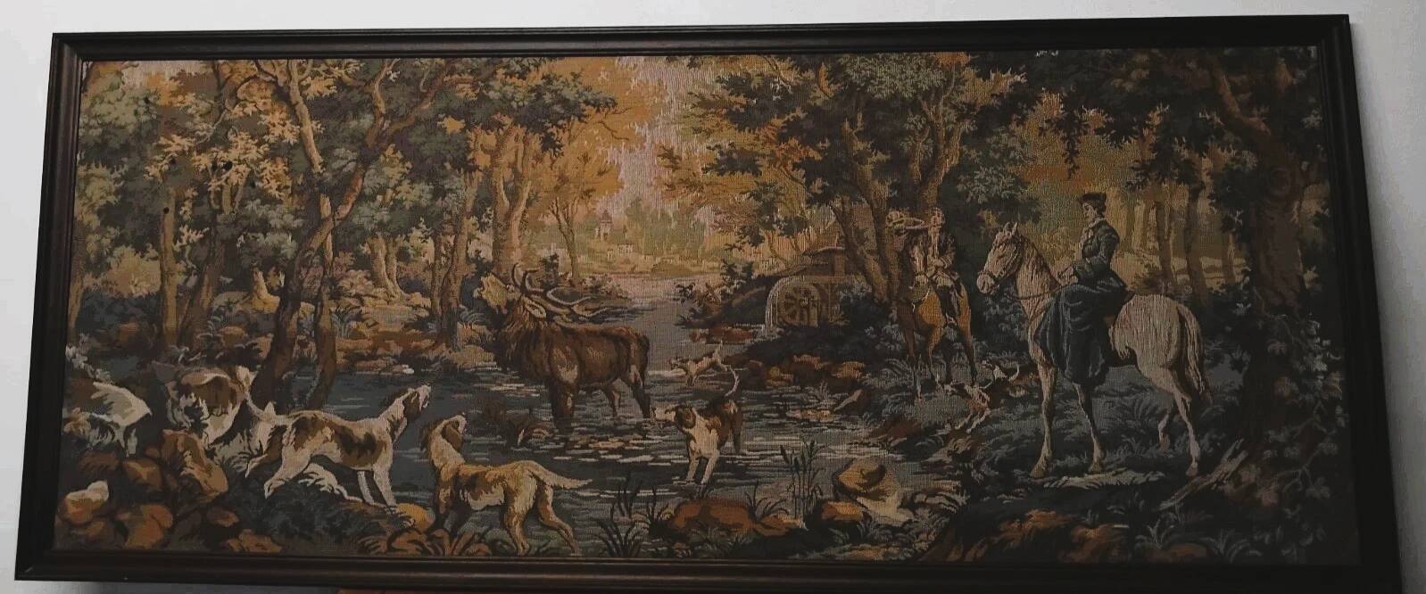 Vintage Hunting Scene Framed Wall Tapestry 179x74