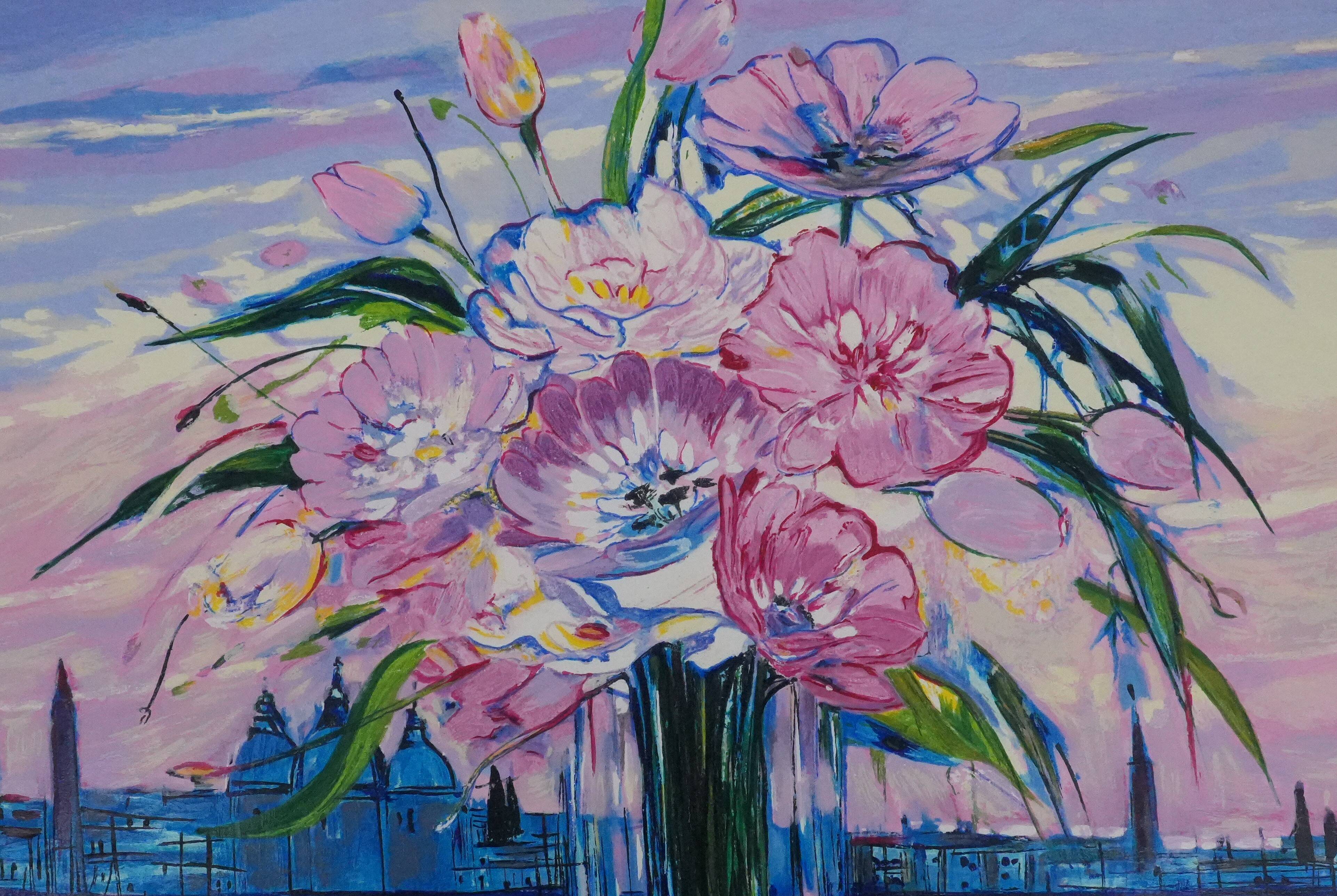 Michel Henry: Bouquet of flowers under a pink sky, original signed silkscreen print
