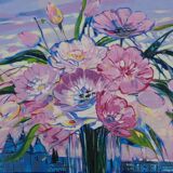 Michel Henry: Bouquet of flowers under a pink sky, original signed silkscreen print