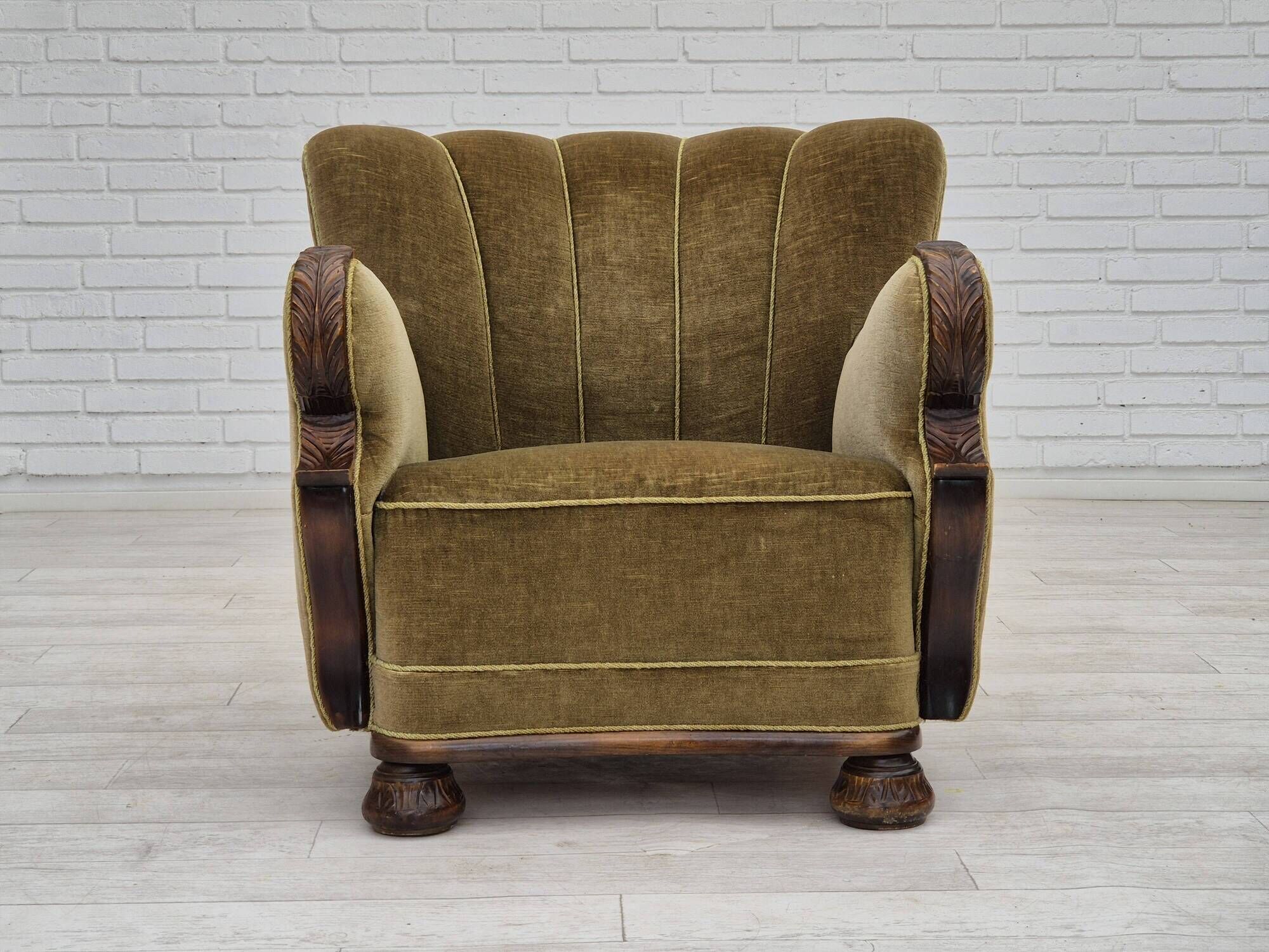 1960s, Danish vintage armchair, furniture velour, dark beech wood.