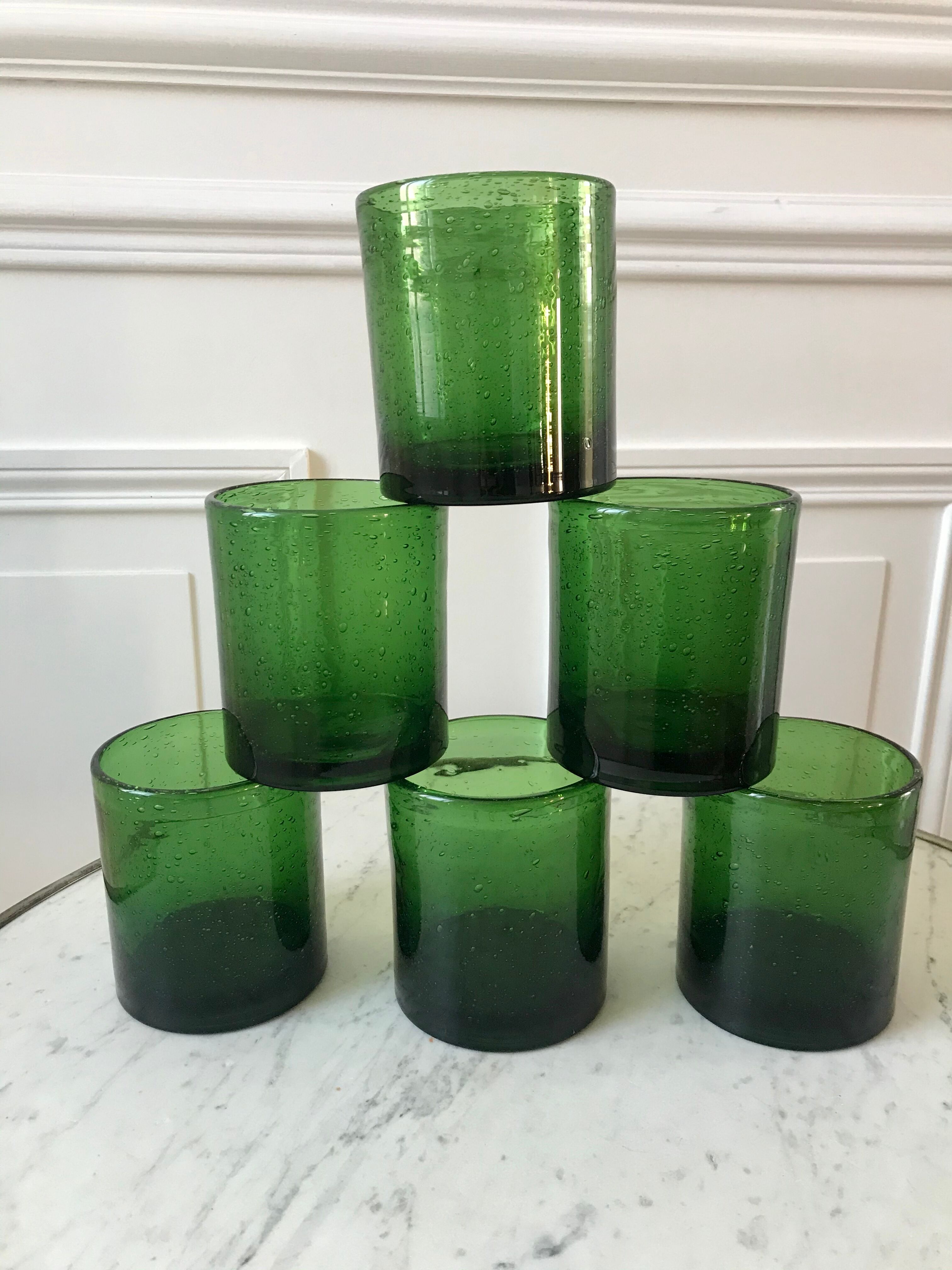 Set of 6 green water glasses bubbled glass  70s