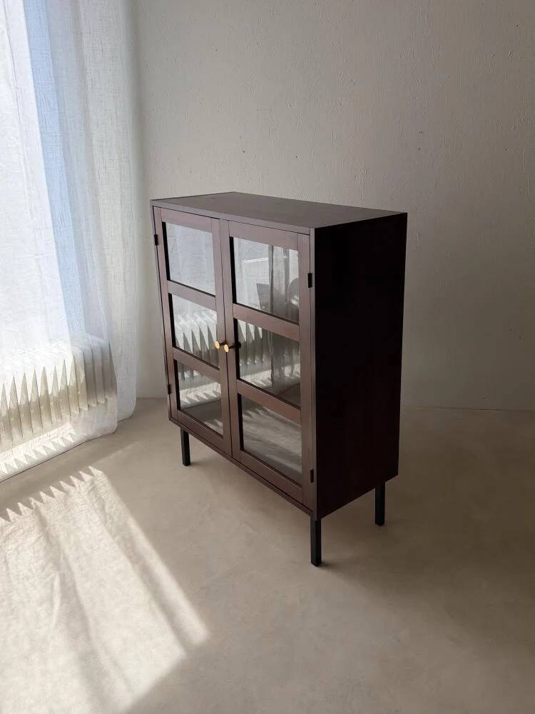 Mid-century display cabinet dark wood glass