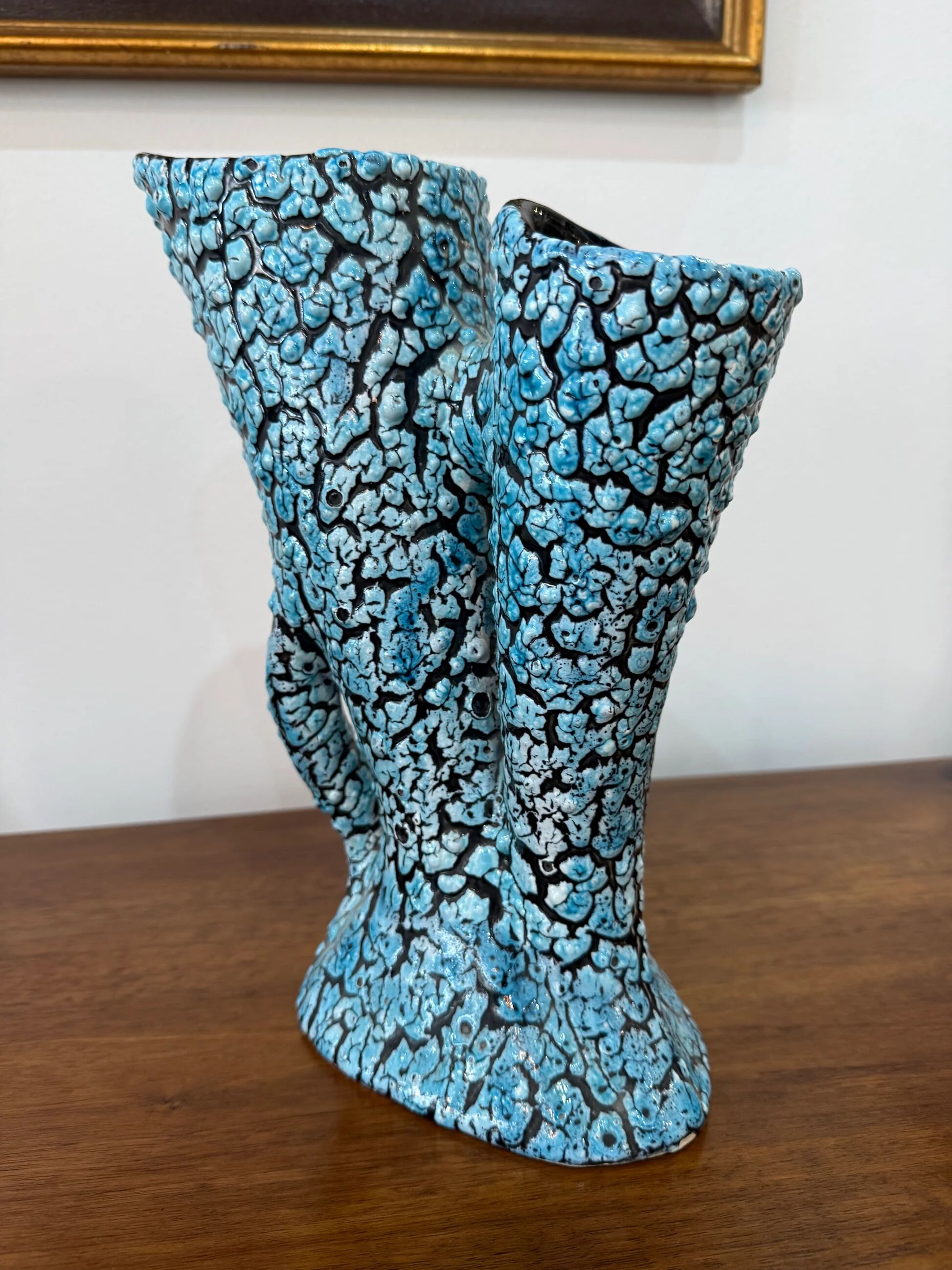 Large sculptural ceramic vase with textured turquoise blue and black glaze – Double horn – H. 31 cm