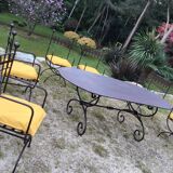 Ensemble table & 6 chaises en fer forgé, 6 coussins