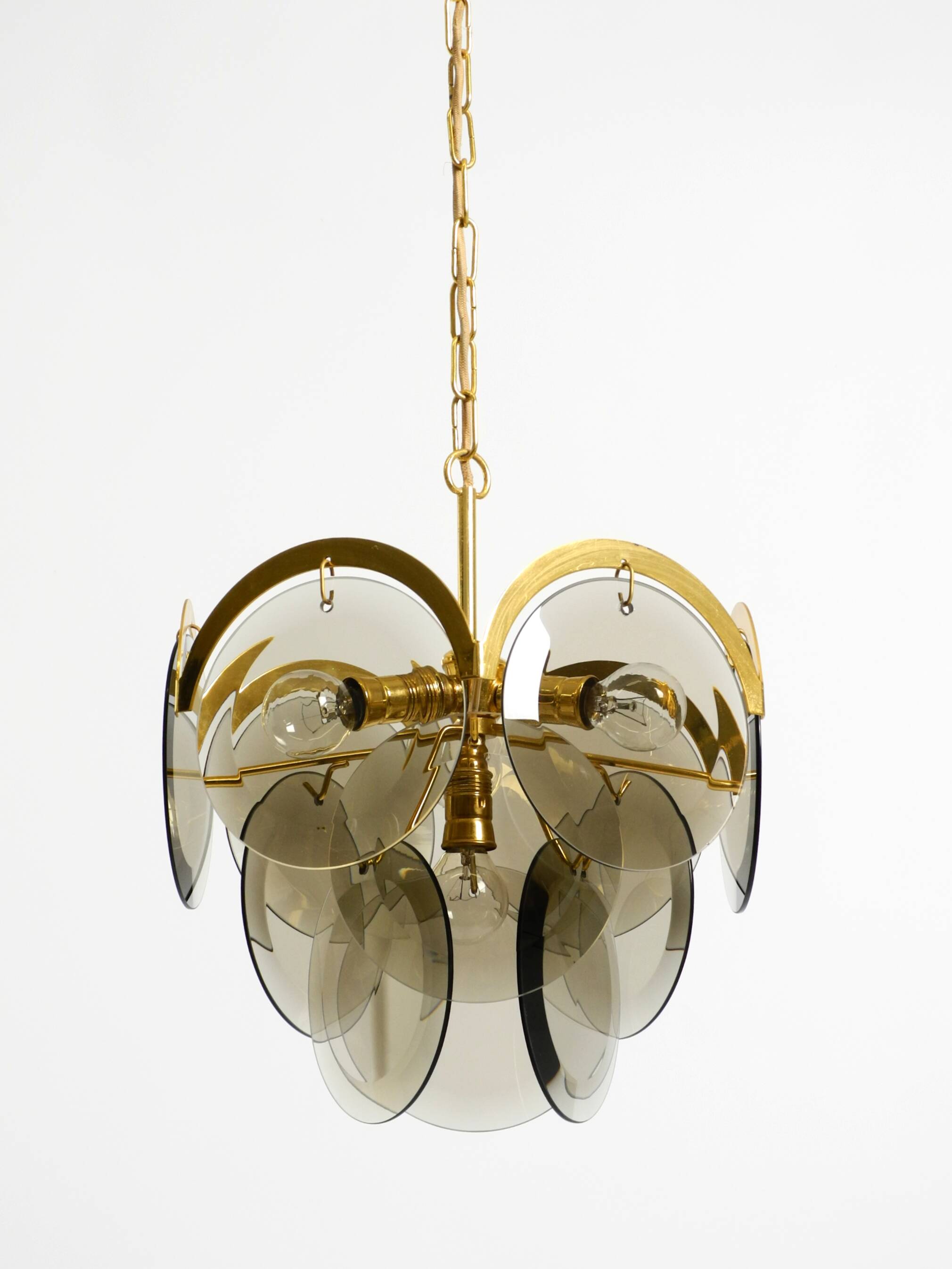 60s large brass ceiling chandelier with large round glass plates