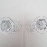 old pair of carved crystal candle holders, hexagonal foot