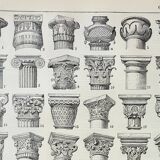 Gravure ancienne 1898, Chapiteau, poteau, architecture • Lithographie, Planche originale