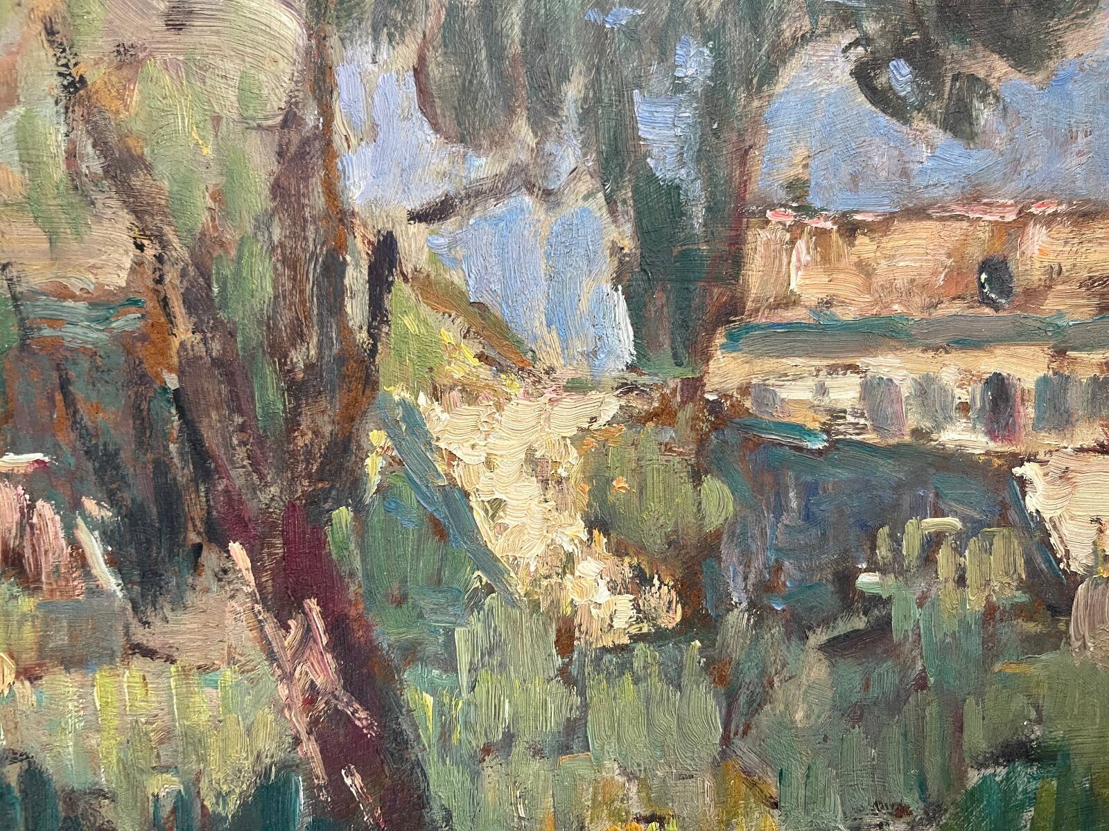 Oil painting on panel, Mediterranean landscape, mid-20th century.