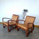 Pair of Art Deco woven rattan armchairs and table