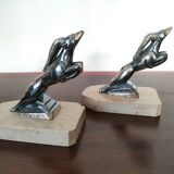 Pair of Gazelles bookends Hippolyte Moreau, signed - Spelter, marble