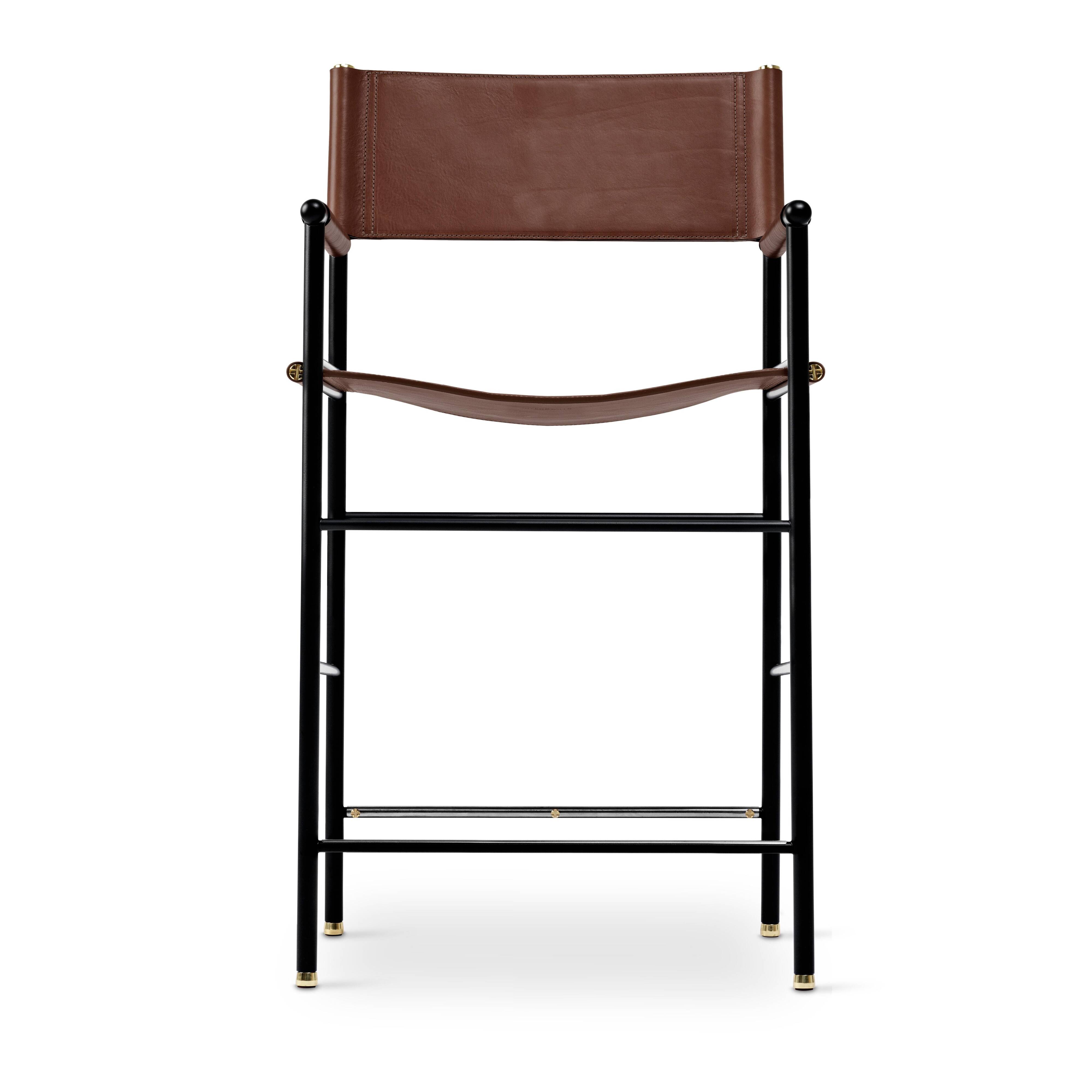 Jeu de 4 Tabourets de bar contemporains avec dossier en cuir marron foncé, caoutchouc noir, métal