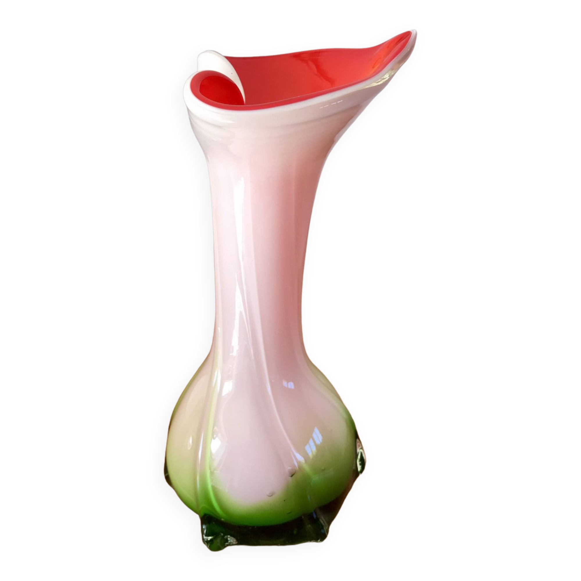 Vase en opaline rouge, blanc et vert Tie & Dye années 50