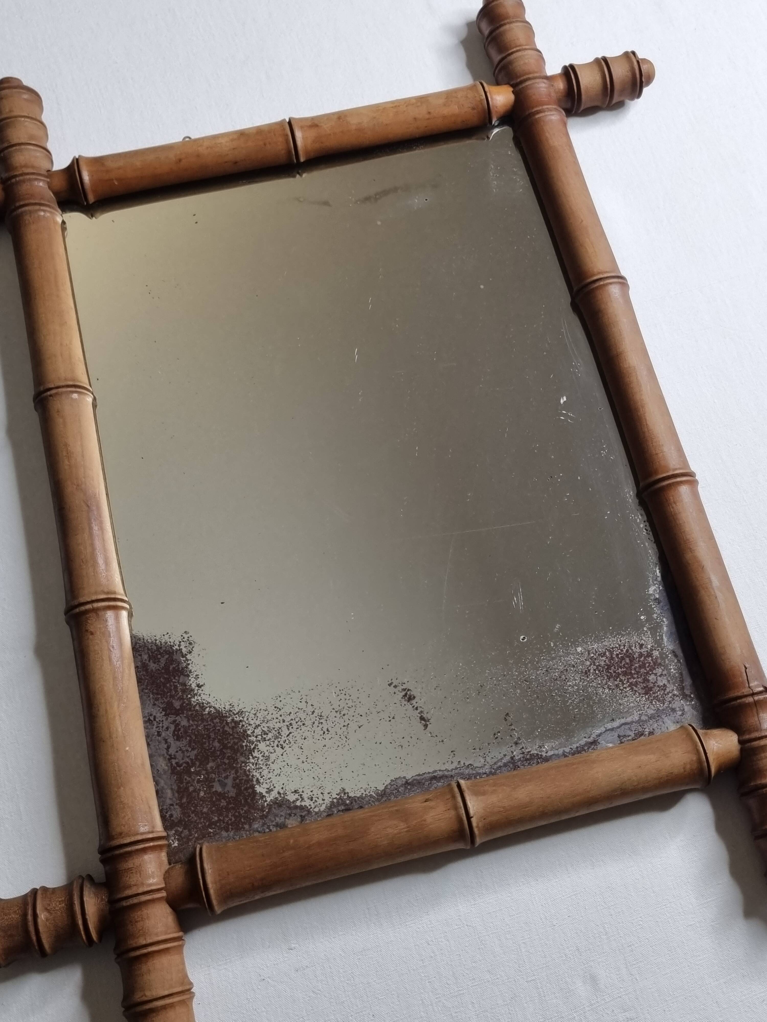 Antique bamboo style mirror, altered wood, turned, late 19th century, 50x42 cm