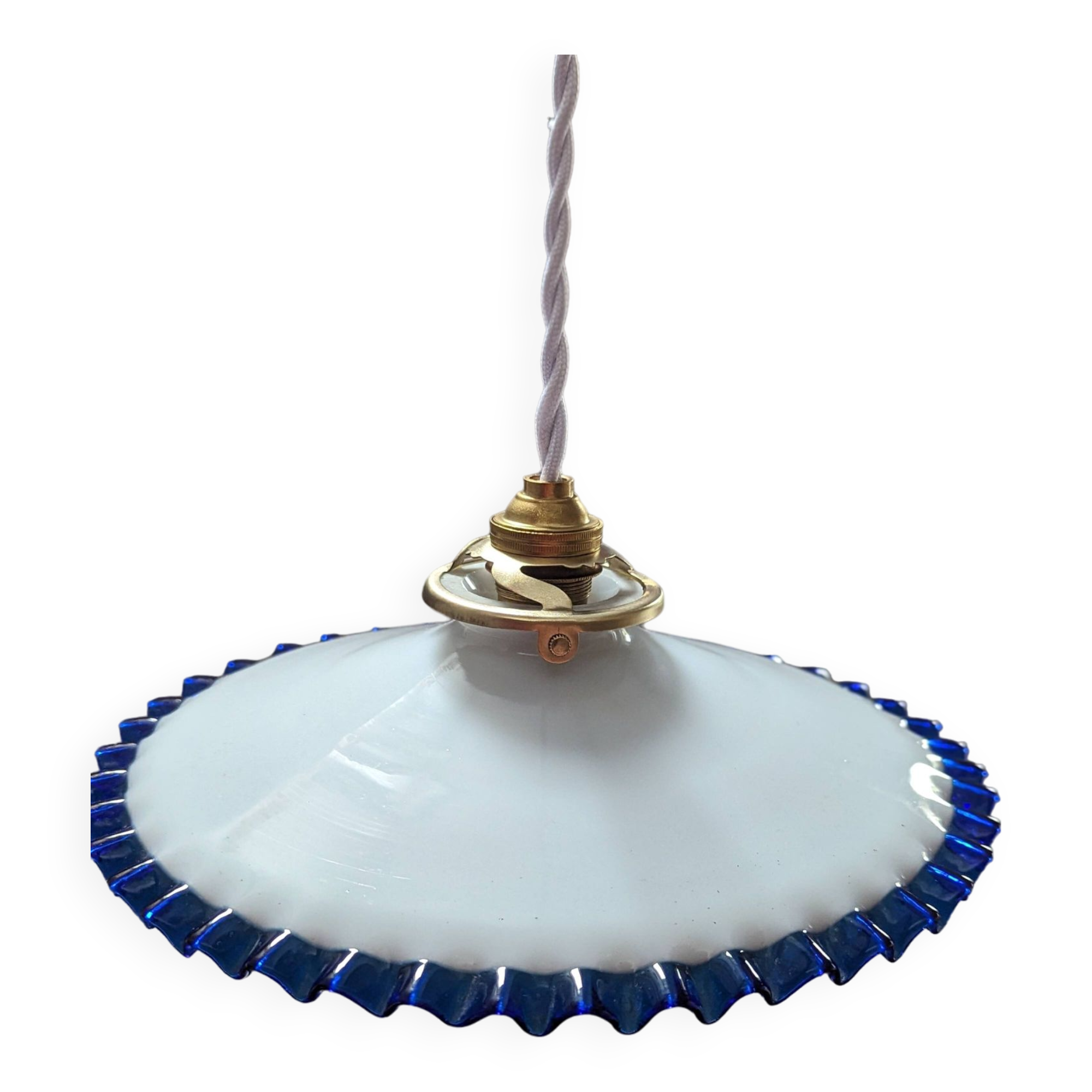 Hanging lampshade opaline serrated white/petrol blue art deco Ø24