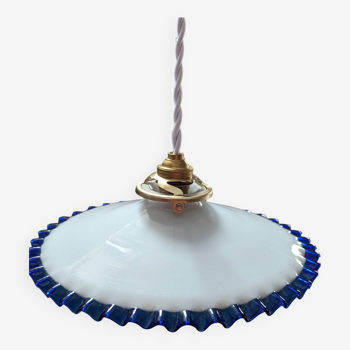 Hanging lampshade opaline serrated white/petrol blue art deco Ø24