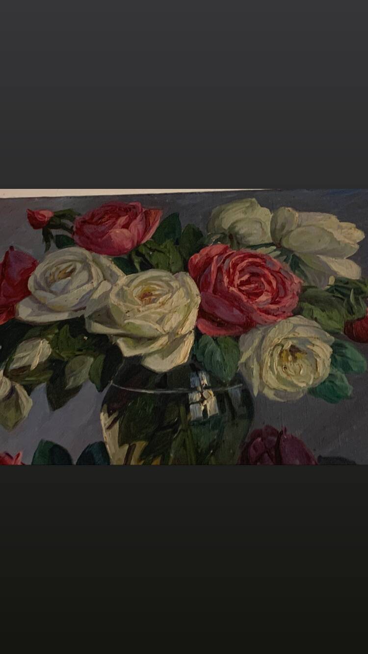 Painting the bouquet of roses, oil on canvas, signed Paul Marengo, art deco