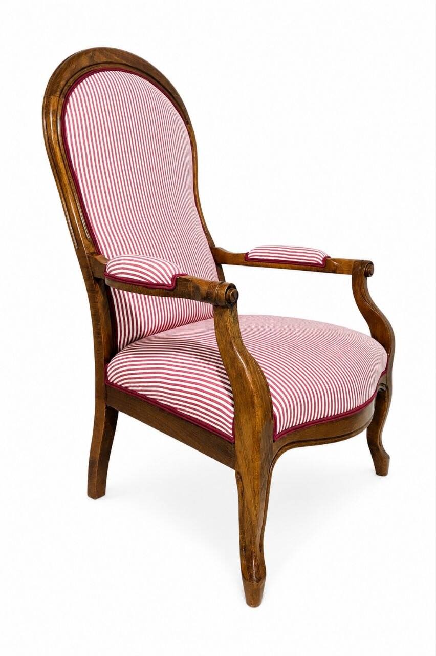 Restored Voltaire armchair – traditional upholstery, striped red Casal fabric.