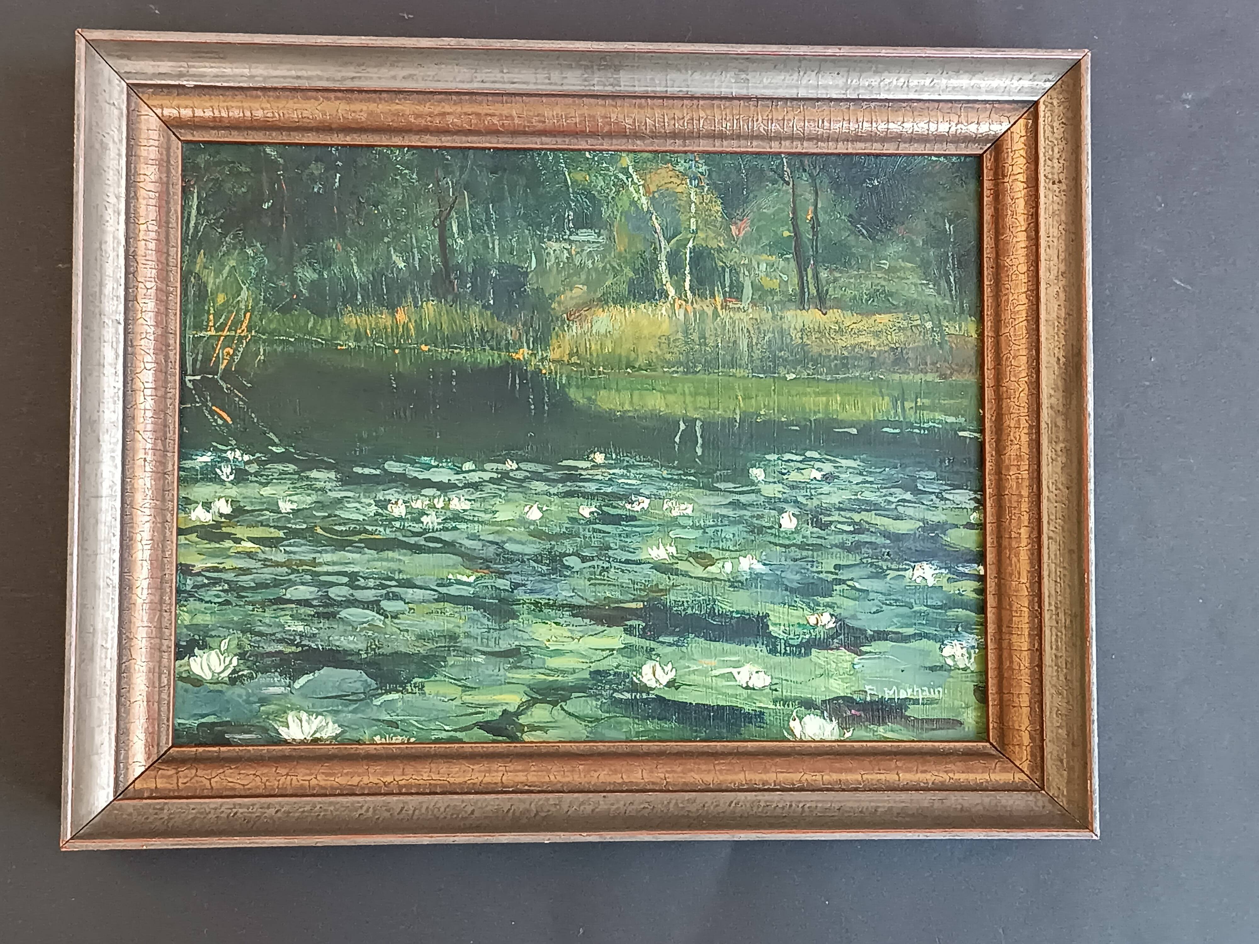 Original oil painting of a landscape with a pond and water lilies by Albert Morhain, 1930.