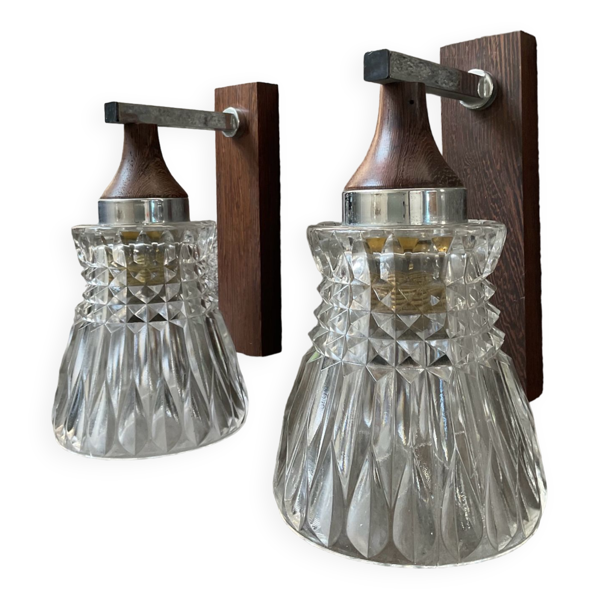 Pair of 60s teak and molded glass sconces