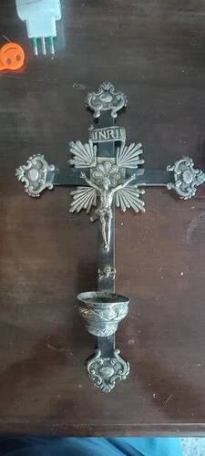 Ancient crucifix, silver-plated baptismal font from Naples, 19th century.