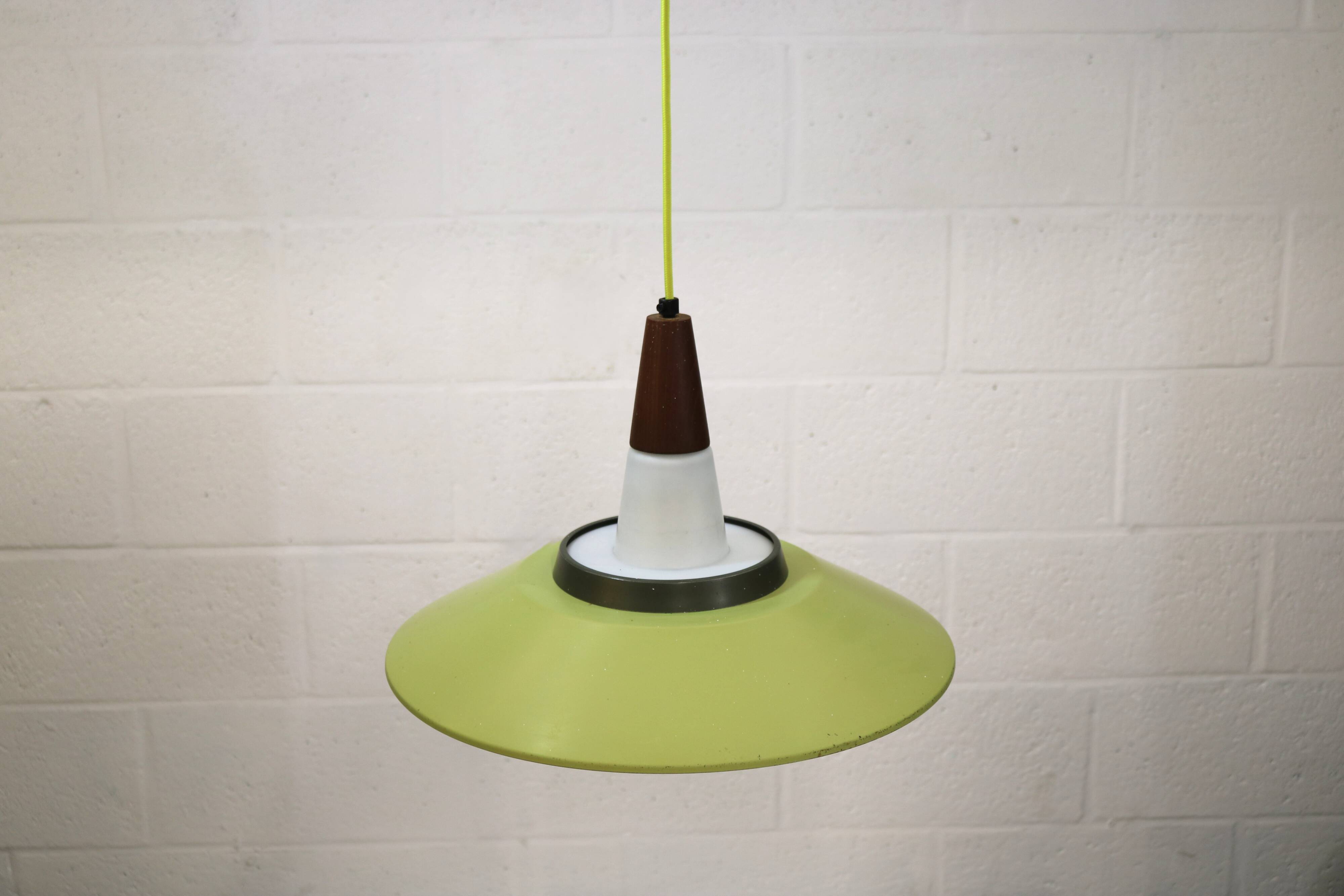 Opal glass and green aluminium shade vintage lamp by Voss Belysning - Denmark