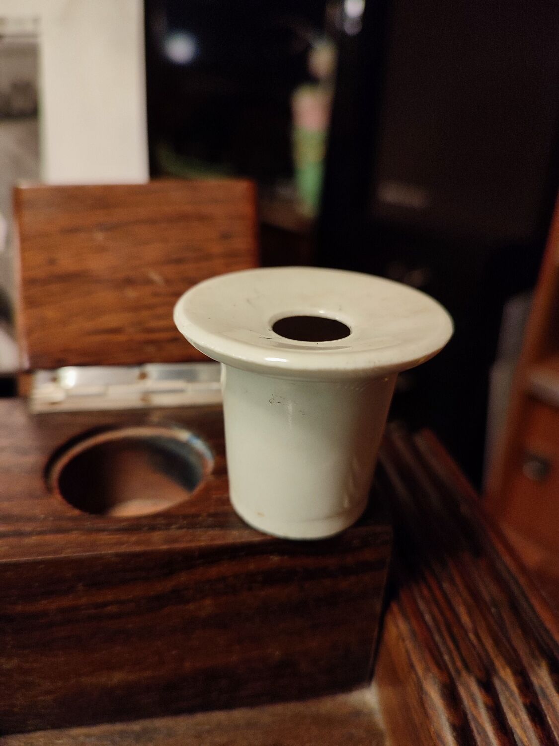 Wood inkwell and zinc complete with porcelain inkwells