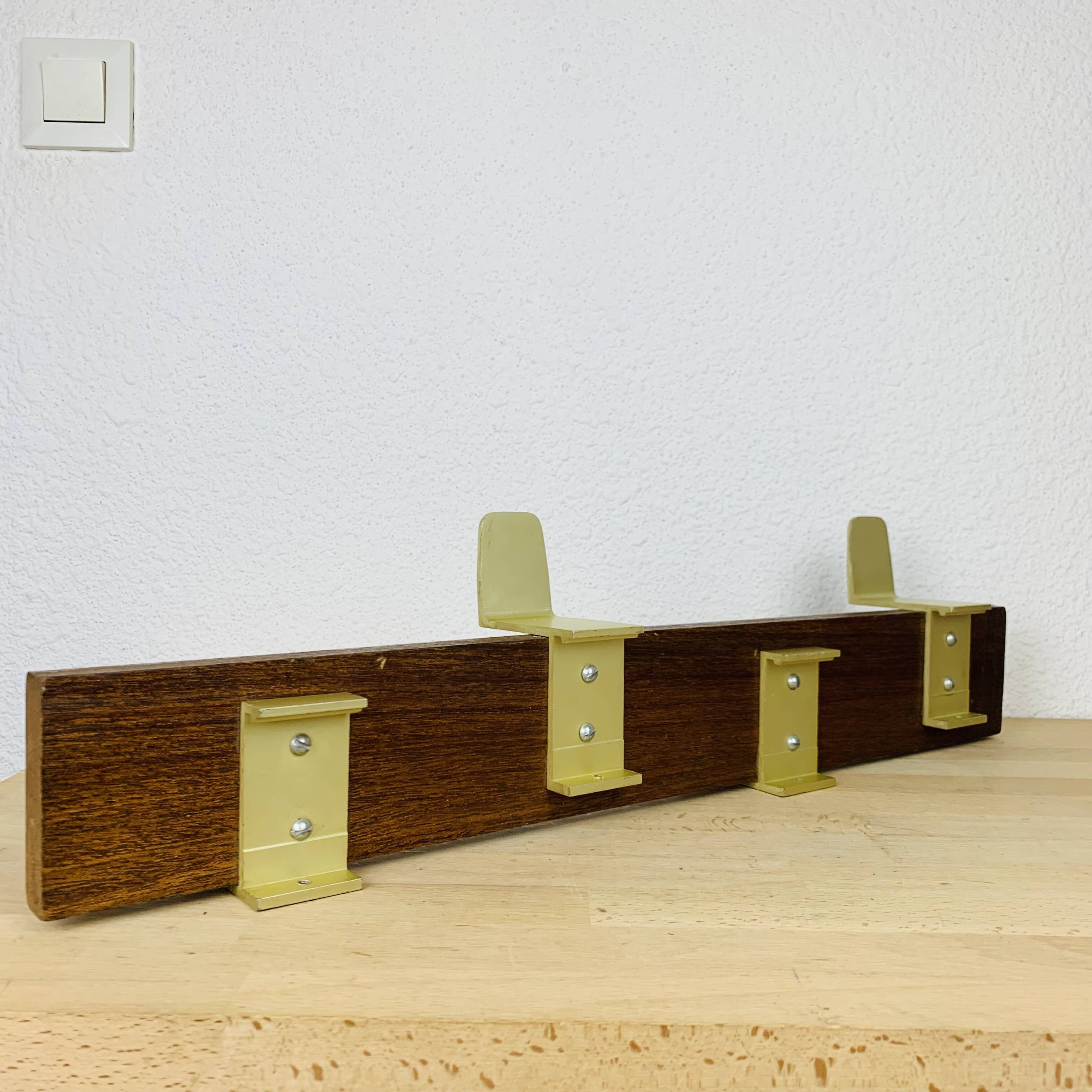 Scandinavian teak wall coat rack with 4 gold hooks, 1960s