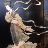 Chinese screen laqué wood and stone marquetry