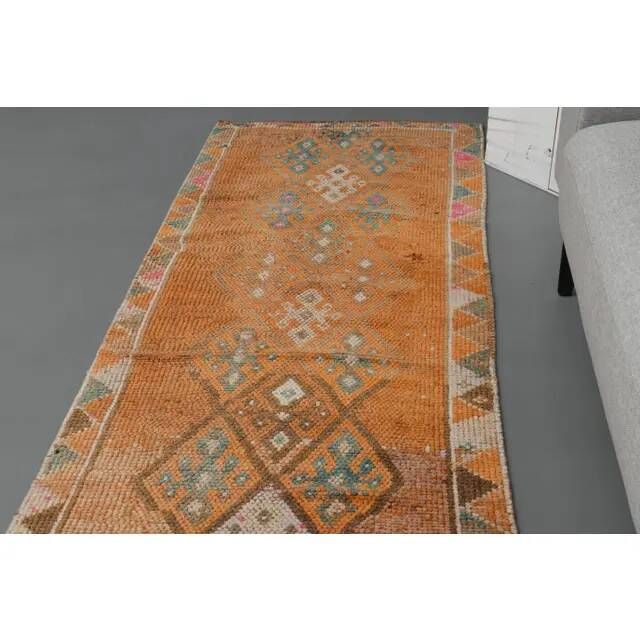 Vintage Turkish hand-knotted wool cotton orange runner rug 83x388