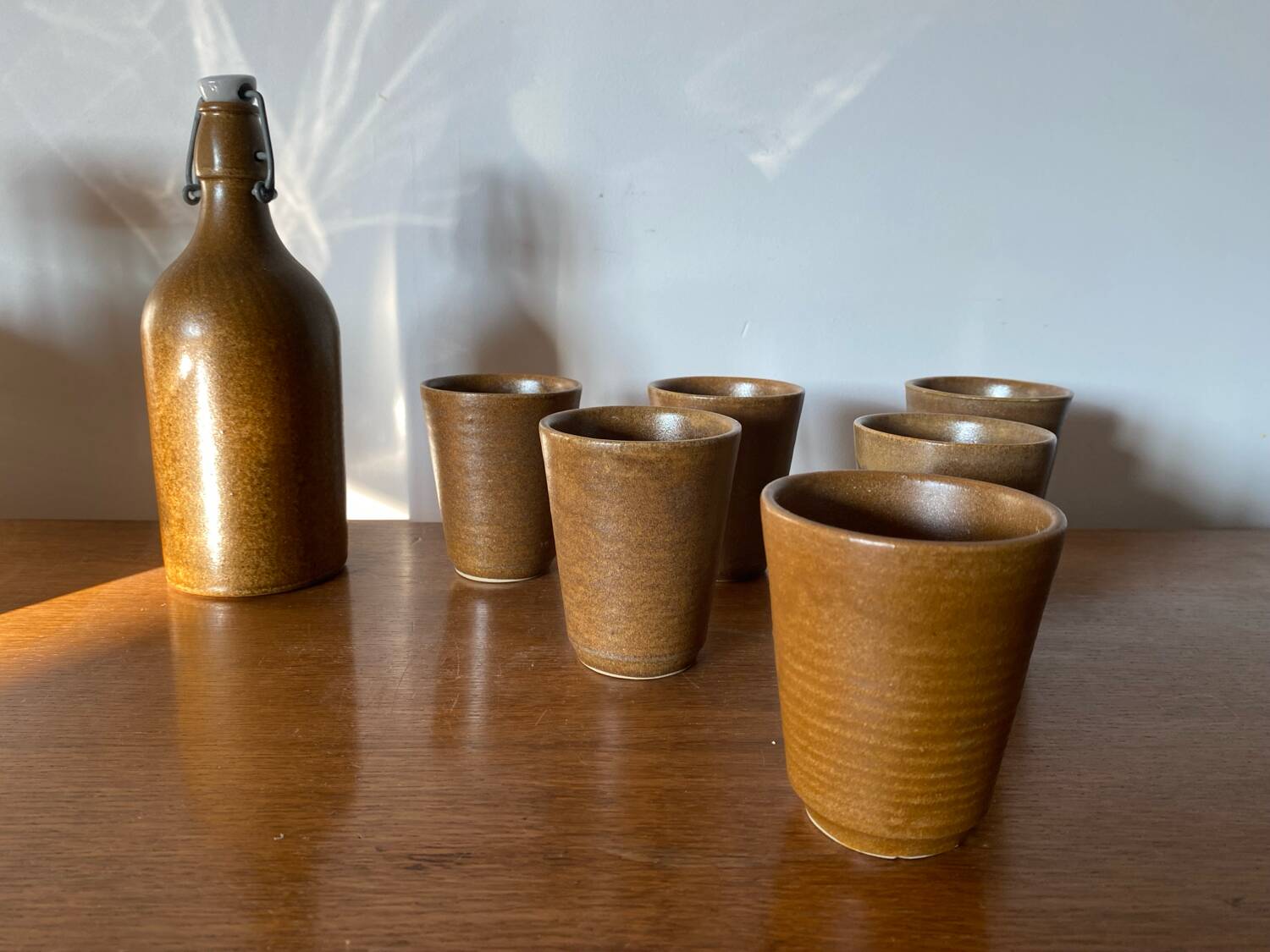 Antique Bottle Service + 6 Stoneware Goblets DIGOIN France Vintage