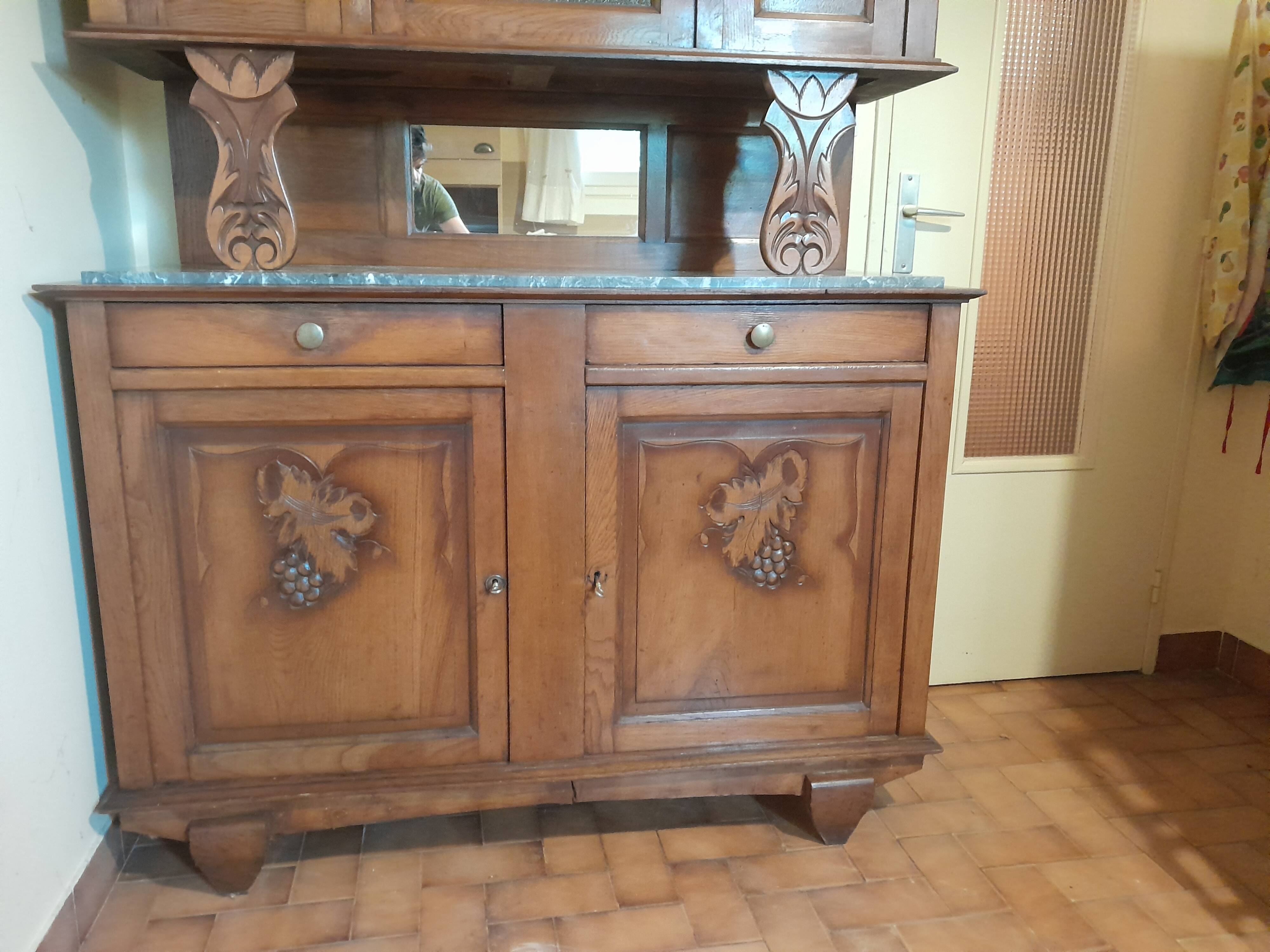 Antique two-body buffet in carved wood - marble top - very good condition