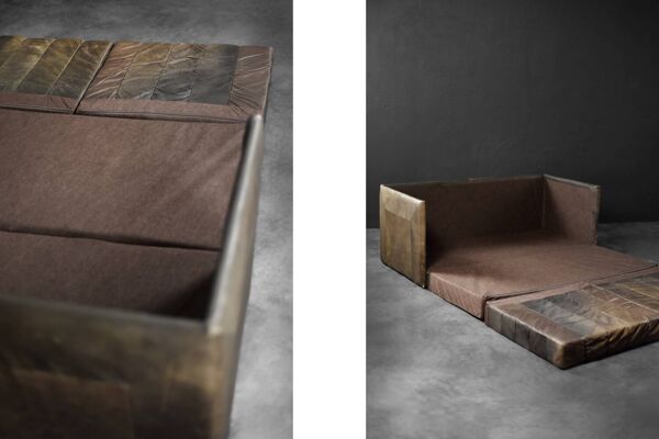 Vintage Mid-Century Modern German Brutalist 2-Seater Brown Leather Bed Sofa