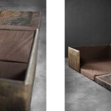 Vintage Mid-Century Modern German Brutalist 2-Seater Brown Leather Bed Sofa