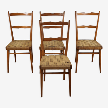 Set de 4 chaises vintage en hêtre et corde tissée