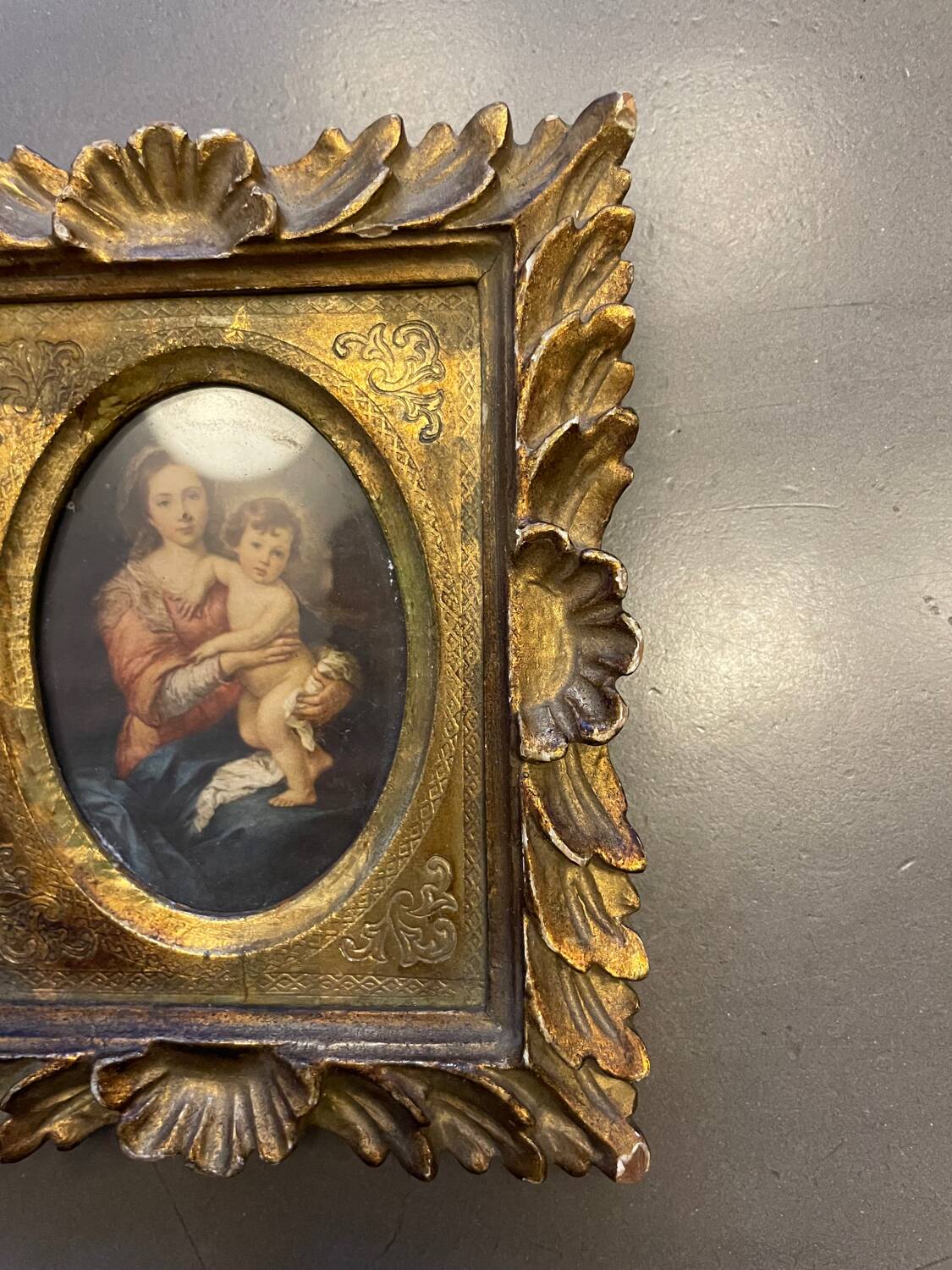 Old painting religious image carved wooden frame