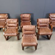 Asko Pajamies vintage leather plywood chairs from Finland, set of 6 - 1970s