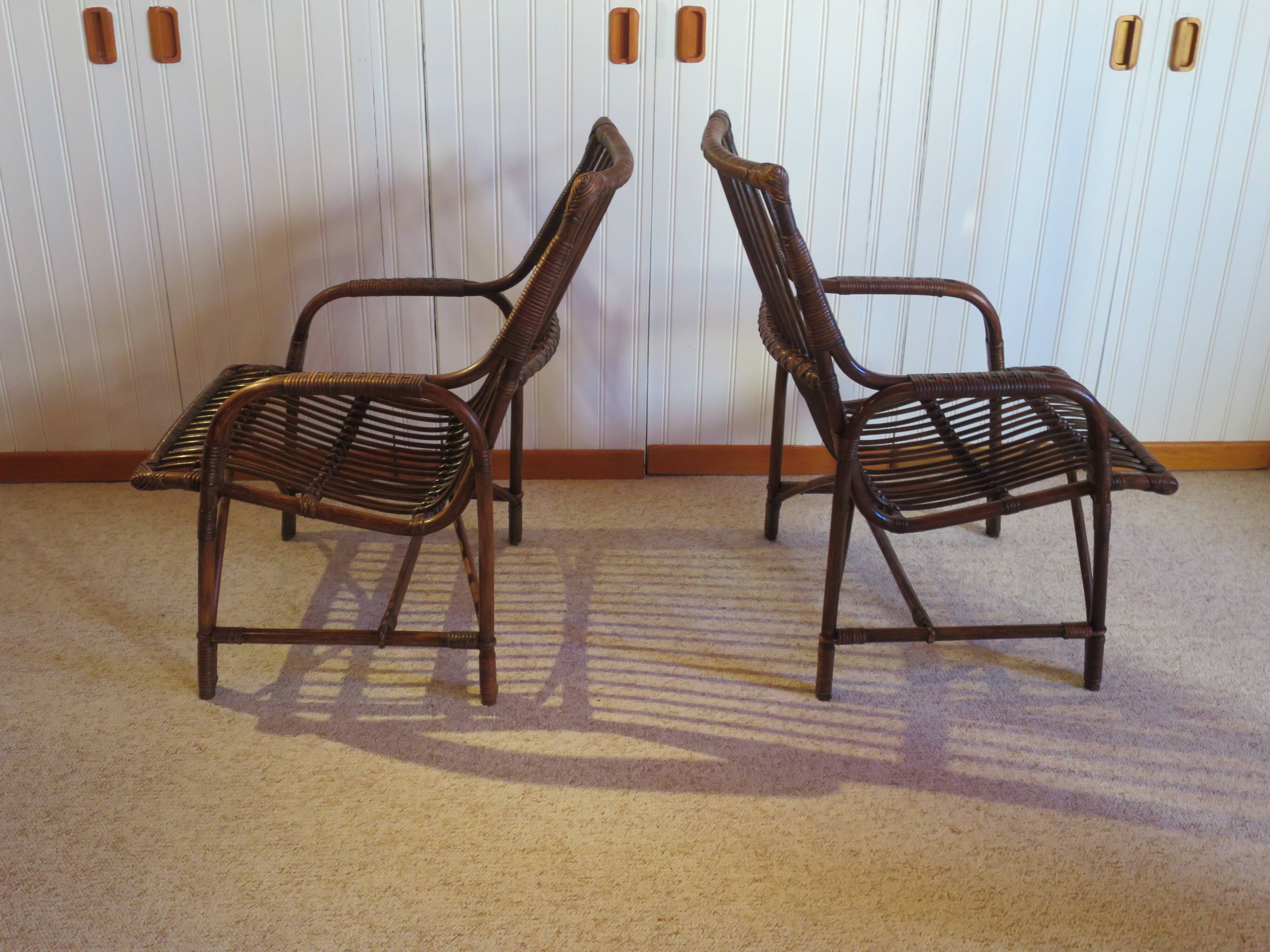 Lot de 2 Fauteuils de jardin en rotin et bambou -Vintage -Années 60 - avec coussins - vernis satin