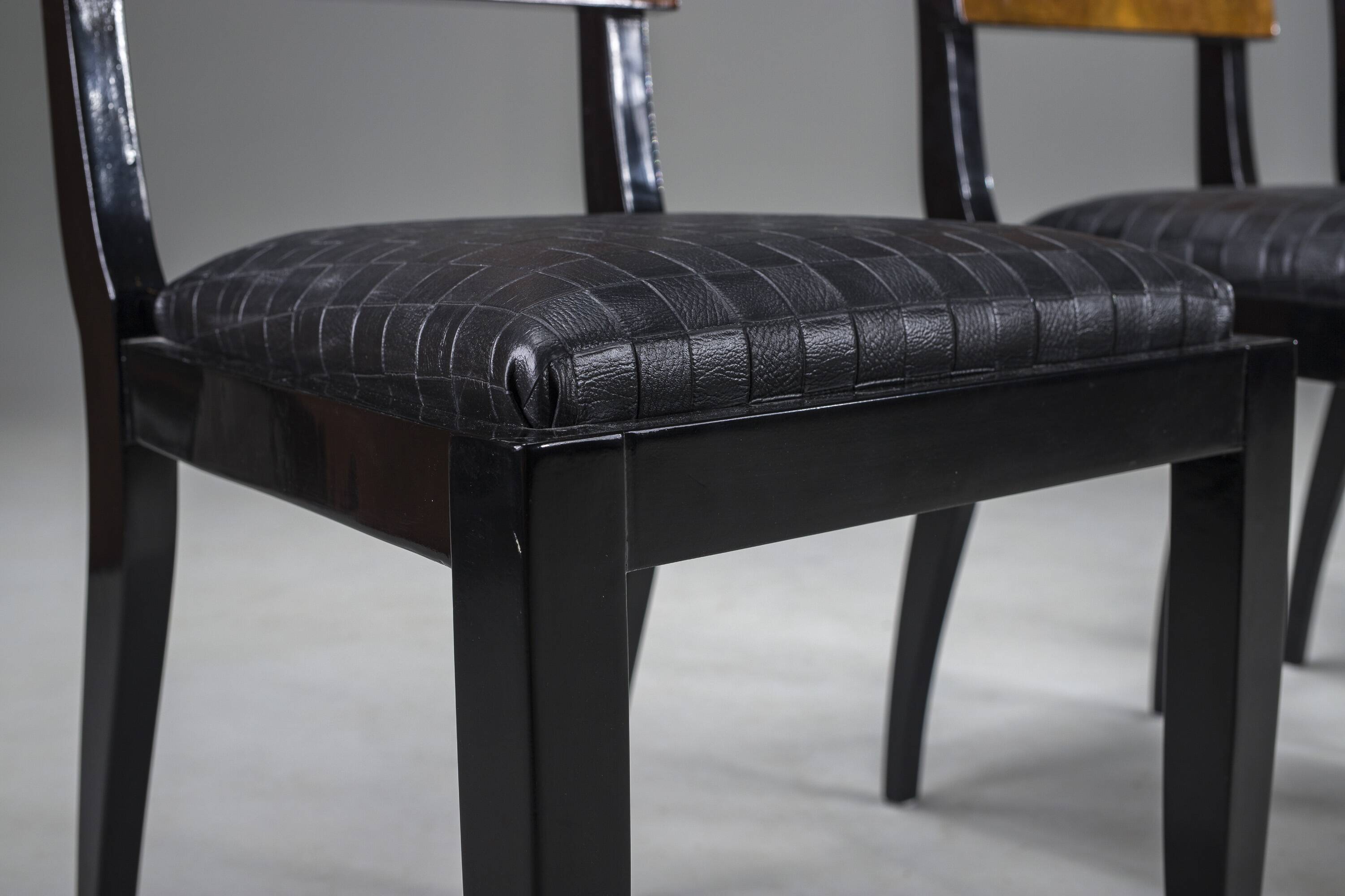 Art Deco French Walnut & Burl Dining Set, 1930s, Set of 7