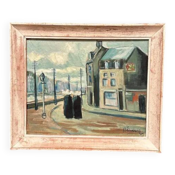 Huile sur panneau d'origine suédoise – "Figures dans la rue" par R. Eichburn – Signé – Daté de 1936 – Encadré – 47 × 39 cm (18,5" × 15,4")