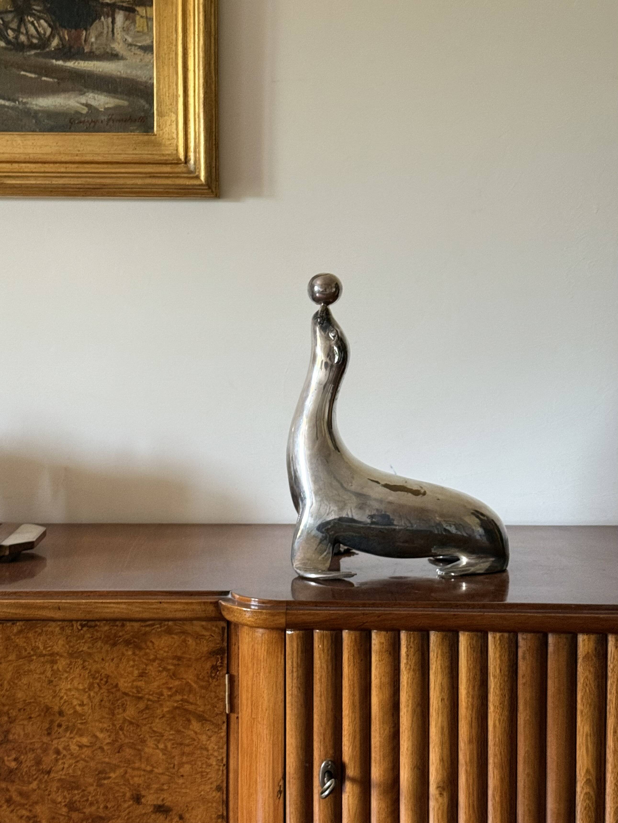 Art deco silverplated brass Seal sculpture, France 1940s