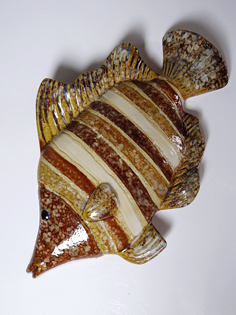 Vintage ceramic wall fish in glazed handmade style, 1970s-1980s.