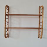 Wall shelf double modular rattan & vintage wood 50s